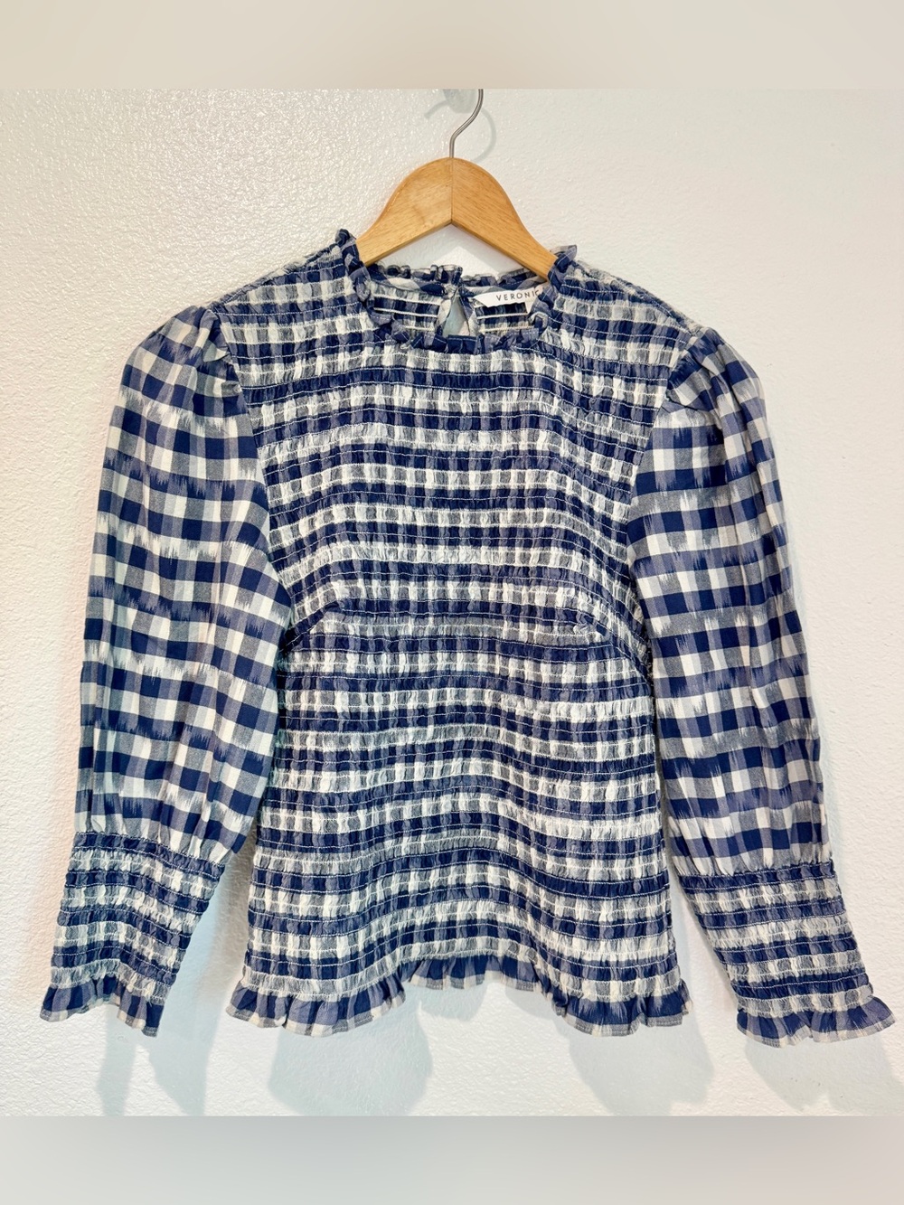 Veronica Beard Smocked Gingham Puff Sleeve Top Navy Blue Cottagecore Preppy XS